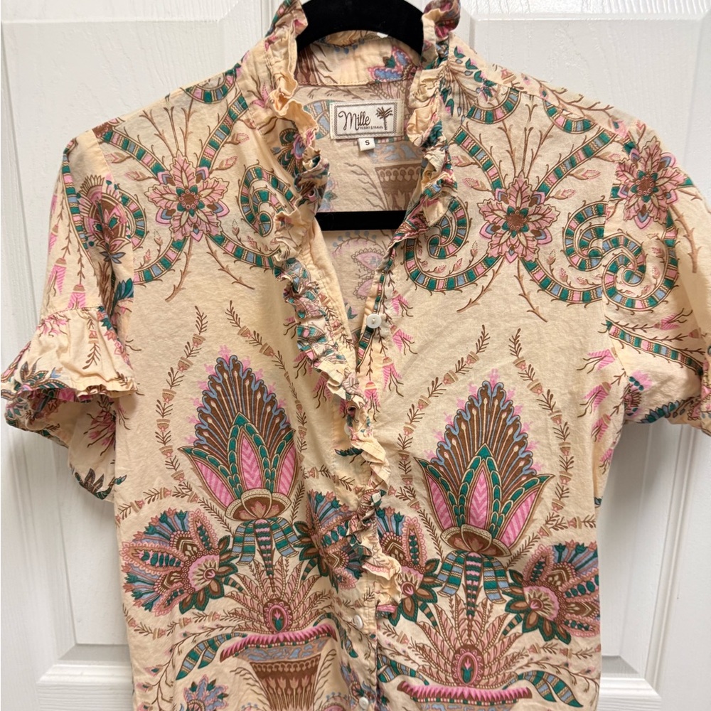 Mille Resort & Travel Pattern Button Down Ruffle Blouse - Picture 2 of 11
